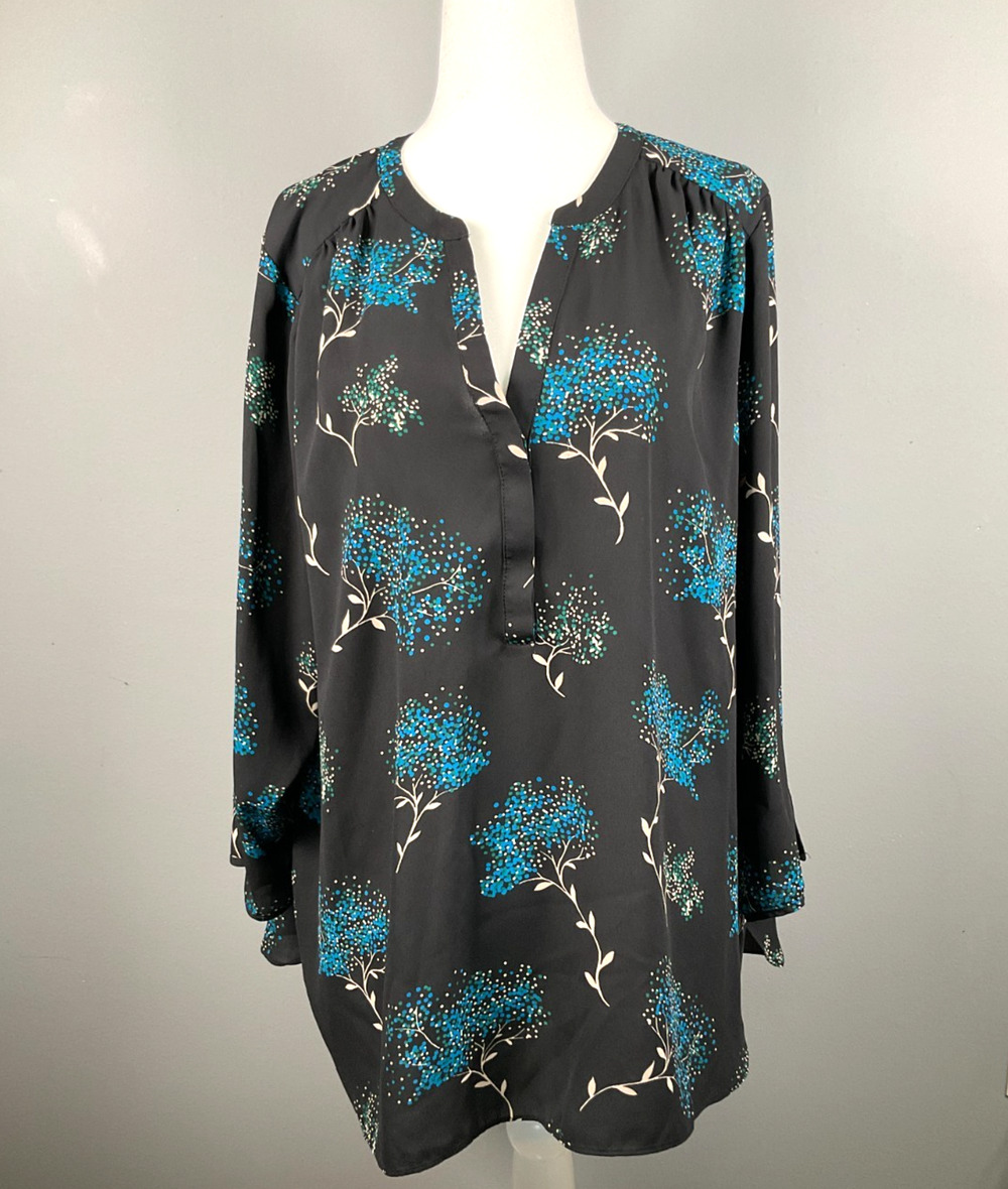 NYDJ Pintuck Blouse Women's 3/4 Sleeve Floral Print on Black Size XLG Tunic
